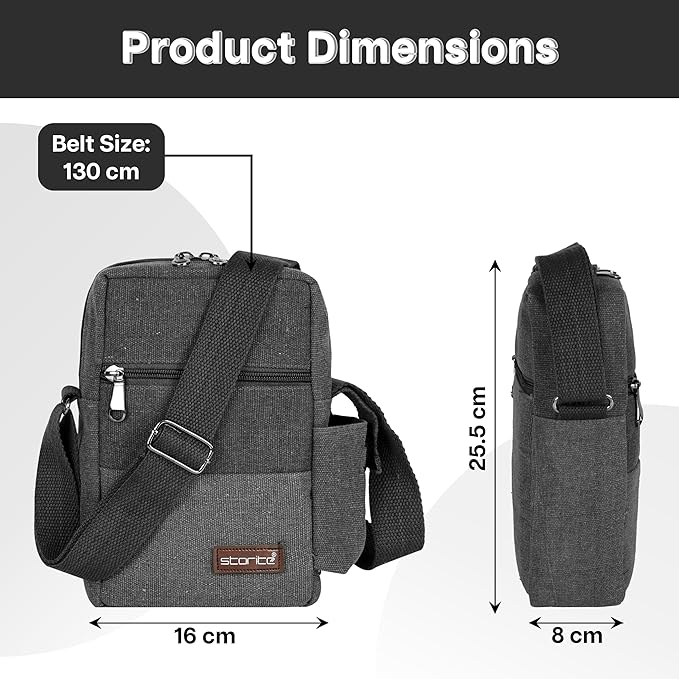 Storite Stylish Padded Canvas Small Sling Cross Body Travel Office One Side Shoulder Bag for Men Women (16 x 8 x 25.5 Cm) (Grey)