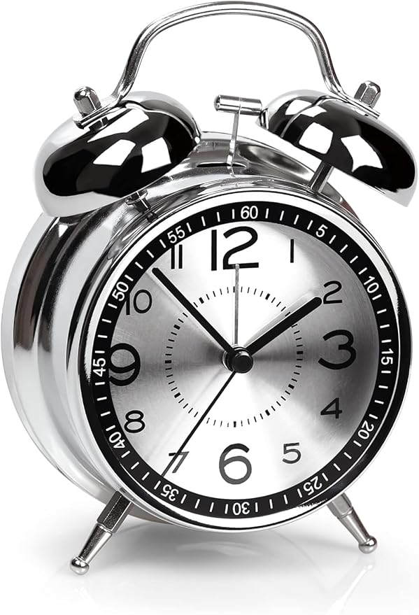 Analog Alarm Clock for Heavy Sleepers Loud Clock for Adults, Metal 4 Inches Twin Bell Table Clock with Backlight Alarm Clocks for Students Decoration Bedroom/Office (Metal Silver)